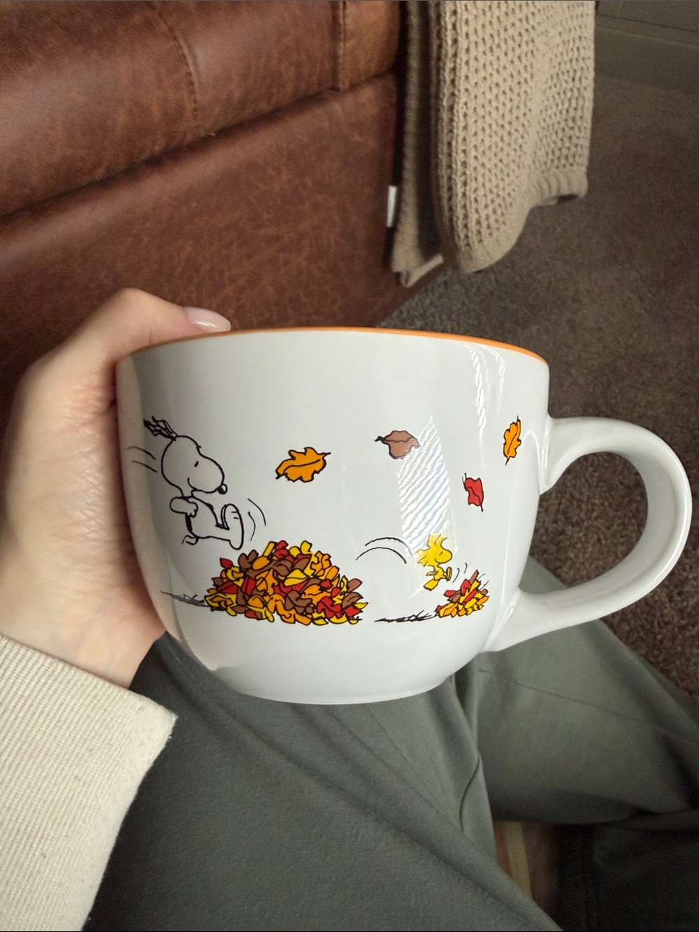 Peanuts White Ceramic Mug with Orange Rim and Autumn Leaf Artwork